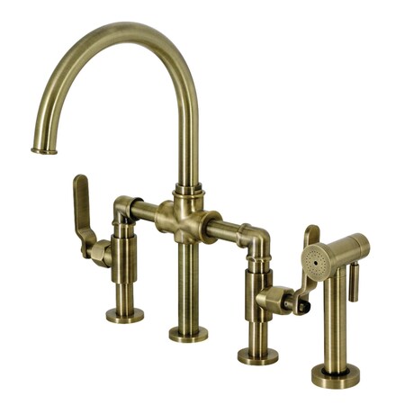 Kingston Brass KS2333KL Industrial Style Bridge Kitchen Faucet with Brass Sprayer, Antique Brass KS2333KL